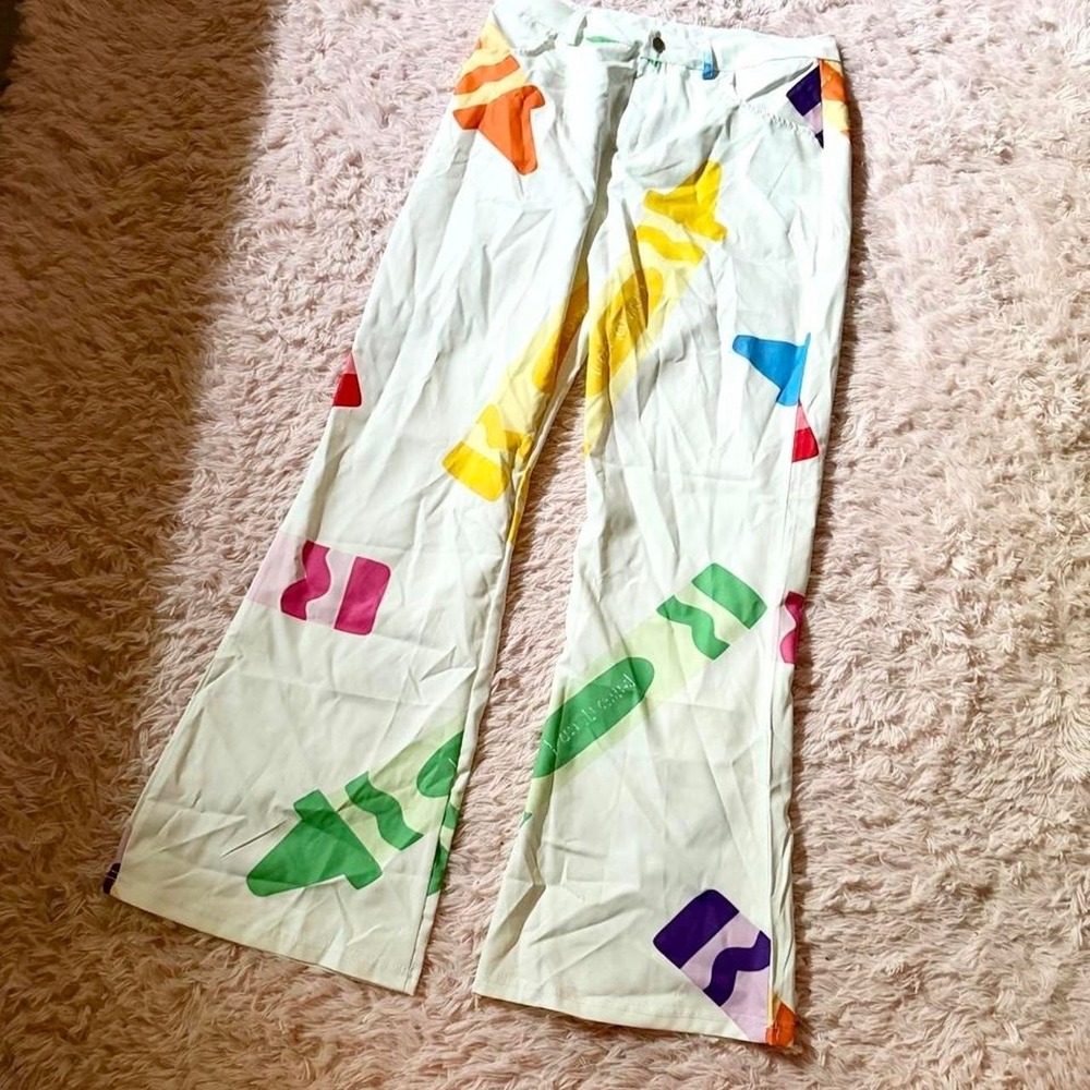 Artistic Colorful Kidcore Kingergarden Teacher Rainbow Pants Womens L Whimsical